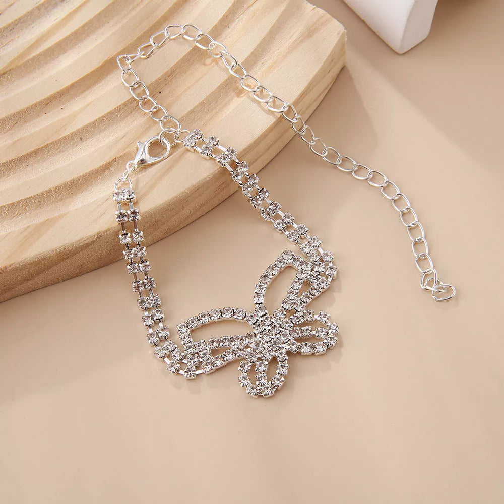 Gold and Silver Full Diamond Butterfly Rhinestone Anklet