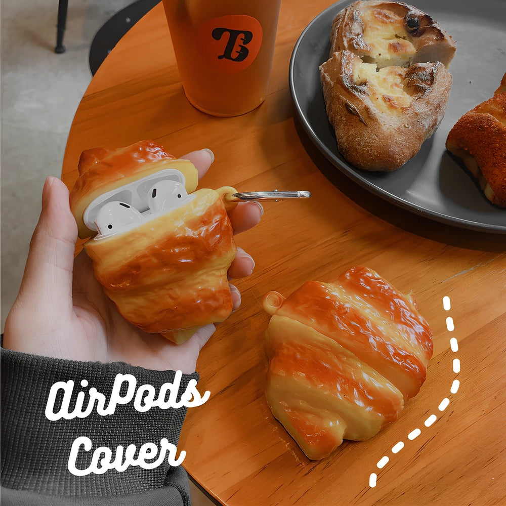 3D croissant silicone protective case for AirPods Pro 3rd gen with integrated hook, yellow bread design
