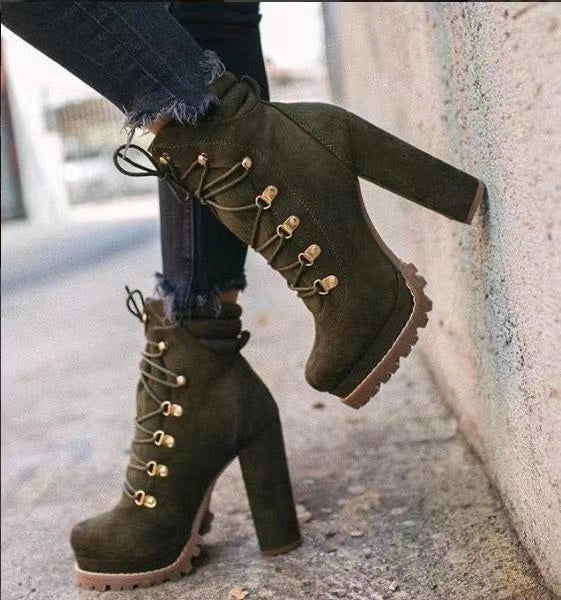 Women's Round Toe Lace-Up High Heel Boots with Suede Upper