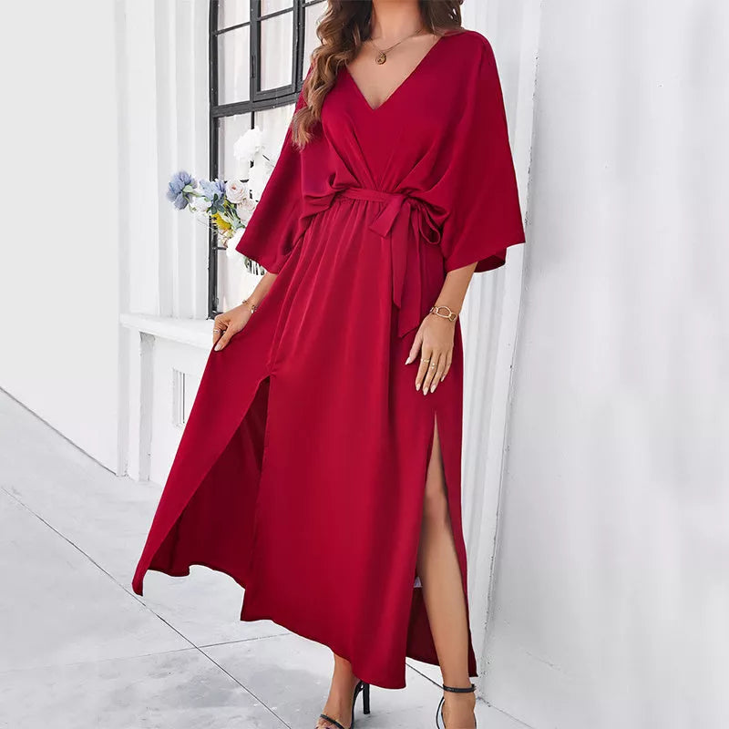 Long-sleeved V-neck Dress with Bat Sleeves and Split Design
