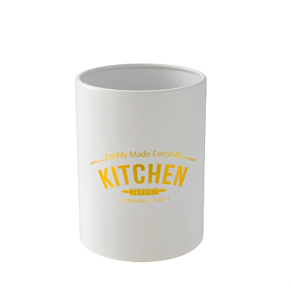 Blue silicone non-stick cookware set with frying spatula, colander, egg beater, and white iron storage bucket for kitchen organisation