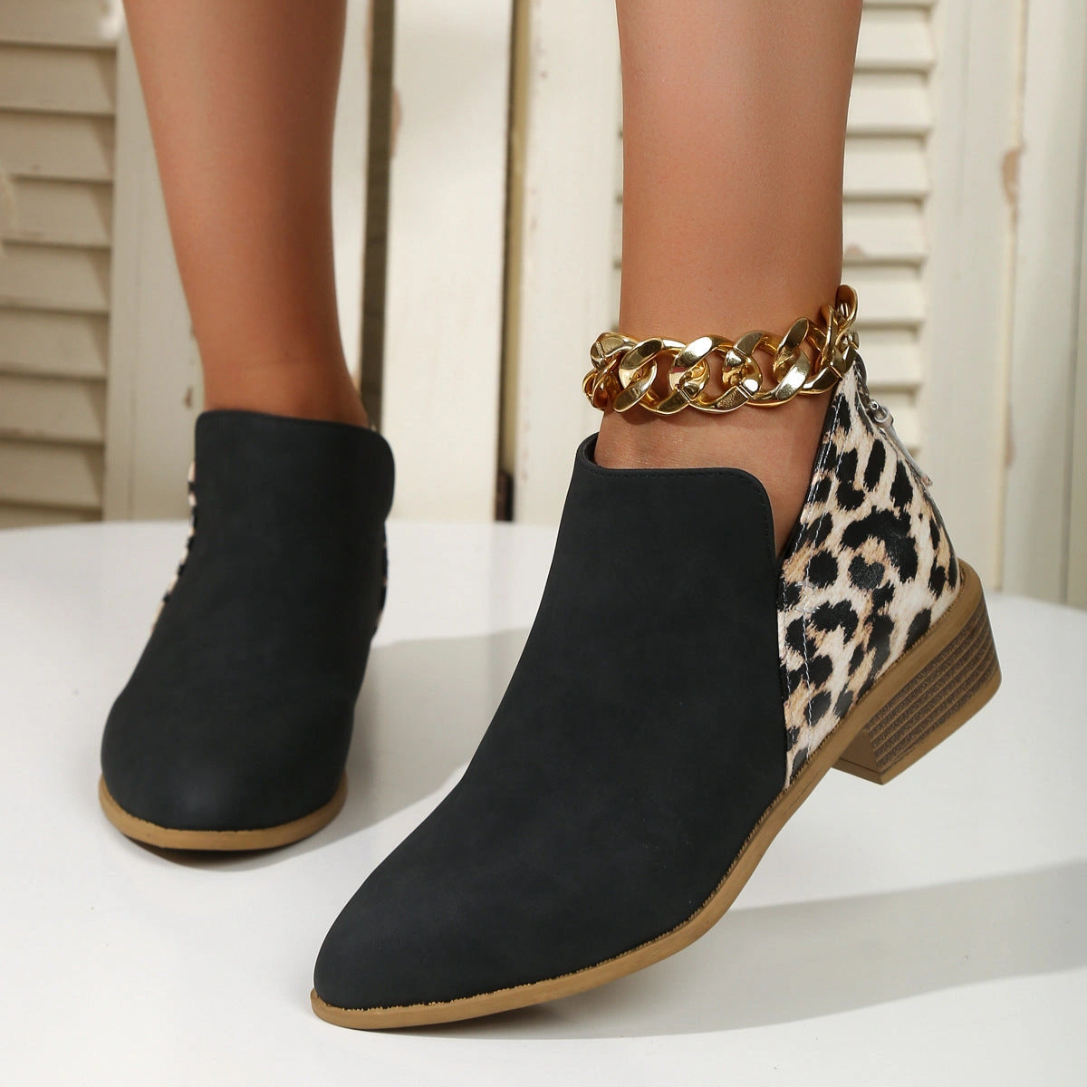 Women's Leopard Print Boots with Pointed Toe and Chunky Heel