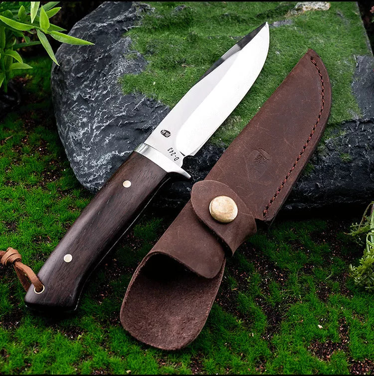 Portable Survival Knife with Leather Holster and Mirror Polished Blade