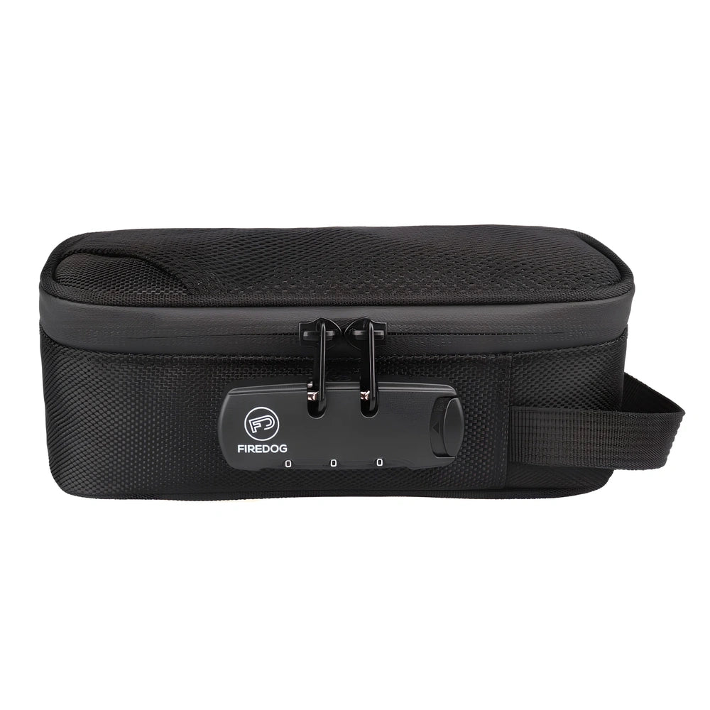 Black 20x10x7.2cm smell proof bag with lock, activated carbon lining and internal pockets for odour-free storage