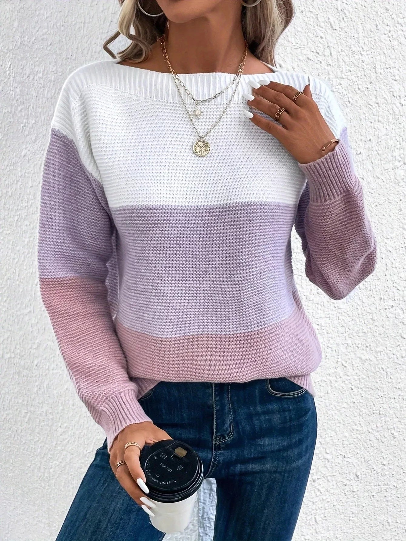 Women's Round Neck Pullover Sweater with Splicing Design