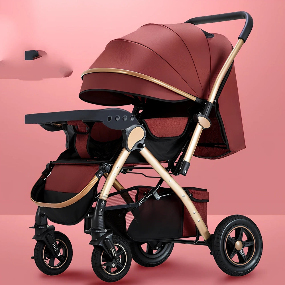 Baby stroller gift box in local gold frame with khaki blended fabric and 20cm rubber rear wheels for newborn use