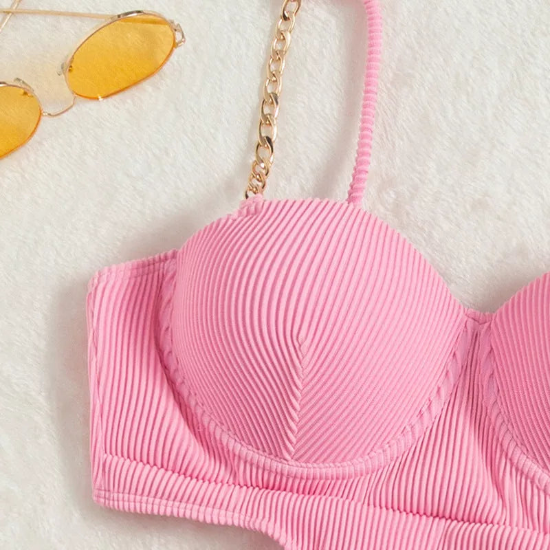 Ladies Solid Color One Piece Swimsuit with Chest Pad