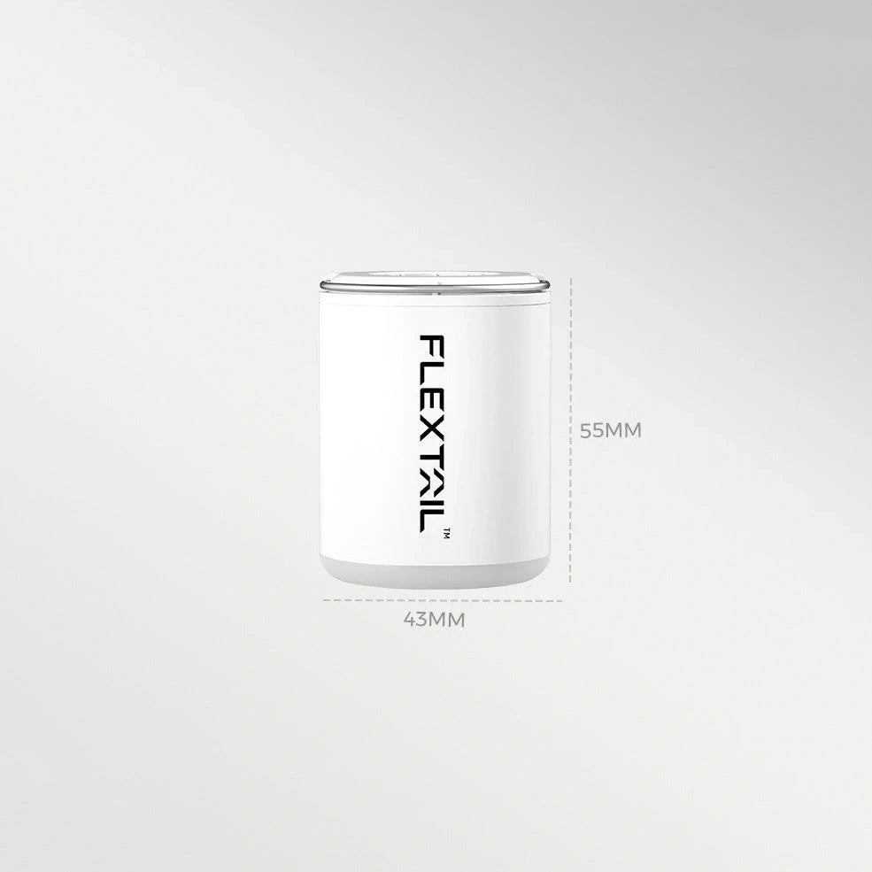 White portable USB camping inflator with 1300mAh battery, 4kPa inflation, 11x10x5cm size