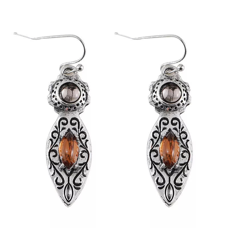 Retro Pattern Two-tone Gemstone Earrings in Ancient Silver