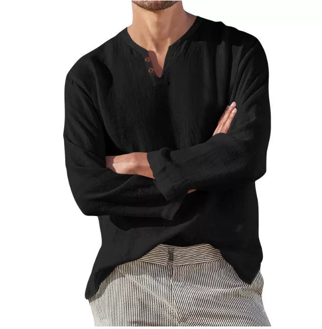 Men's Cotton Linen Long Sleeve V-neck Shirt for Casual Wear