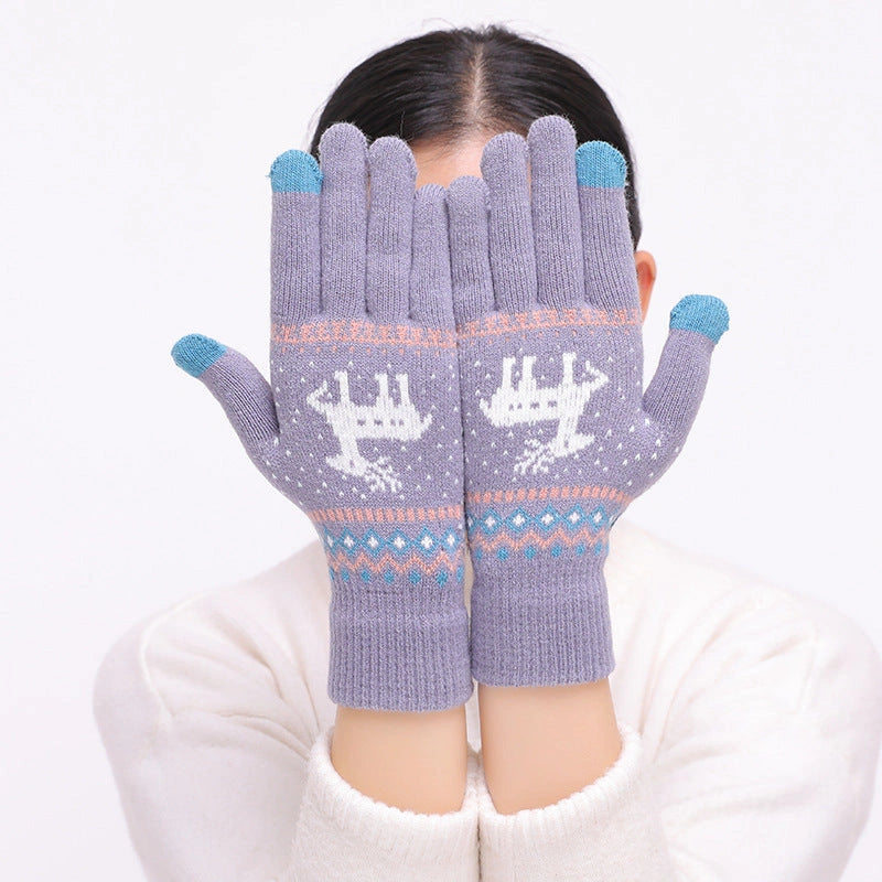 Women's Deer and Snowflake Knitted Winter Gloves with Touch Screen Capability
