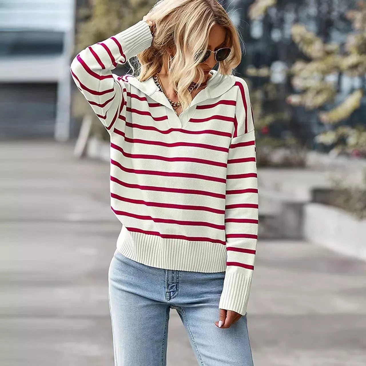 V-neck Lapel Striped Sweater for Women with Long Sleeves