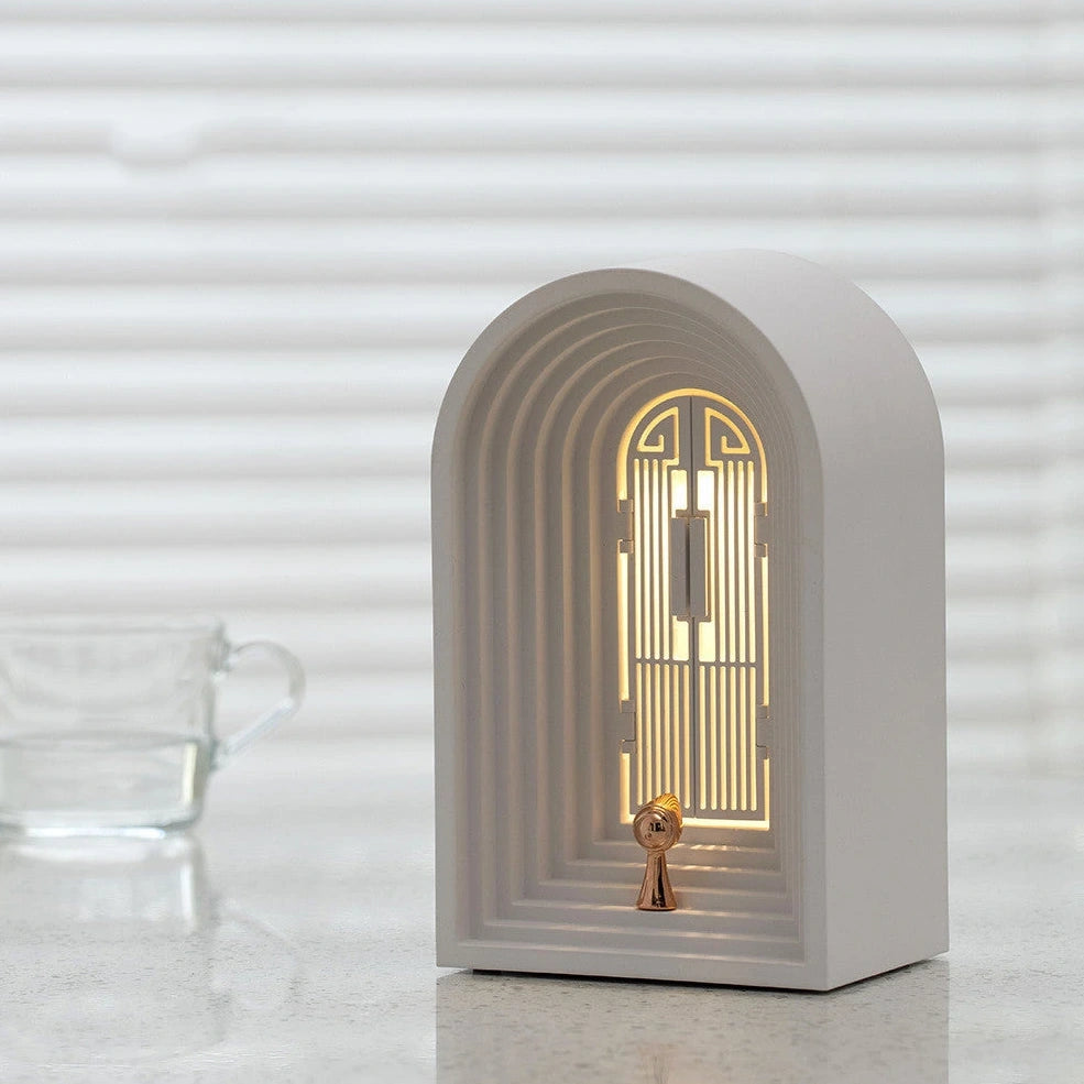 Nordic LED table lamp in grey with Bluetooth speaker, dimmable warm white light, 124x90x205mm dimensions