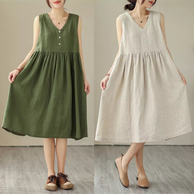Japanese Cotton Linen V-neck Sleeveless Dress in Green and Beige