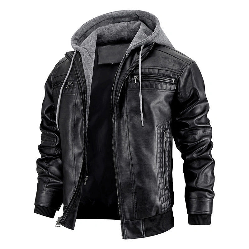 Hooded Jacket with Zipper Pockets for Men - PU Leather Coat