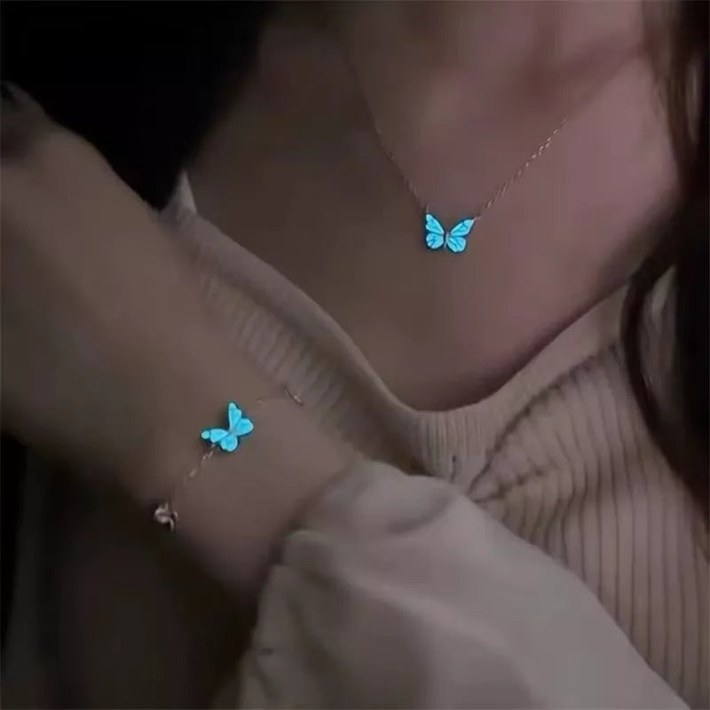 Glow-in-the-Dark Blue Butterfly Necklace and Bracelet Set for Women