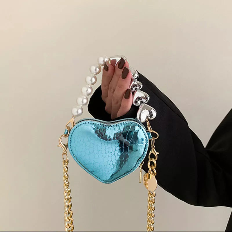 Mini Heart-shaped Pearls Handbag with Adjustable Chain Strap