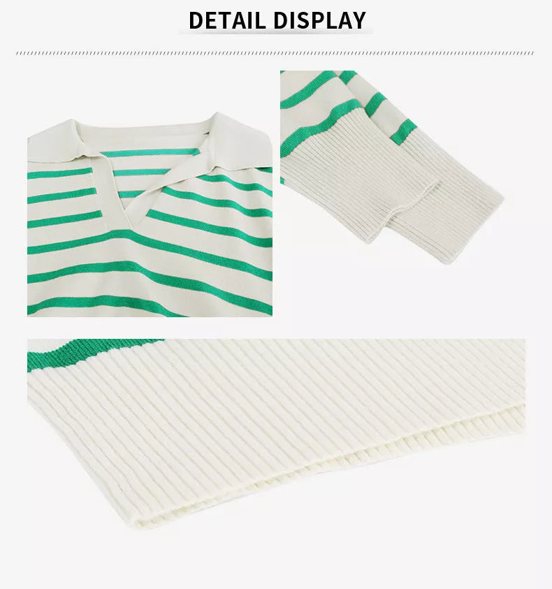 Women's Striped Long Sleeve Pullover Sweater with V-Neck Design