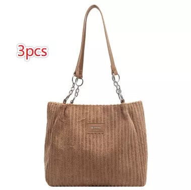 Retro Corduroy Women's Shoulder Bag with Zipper Closure