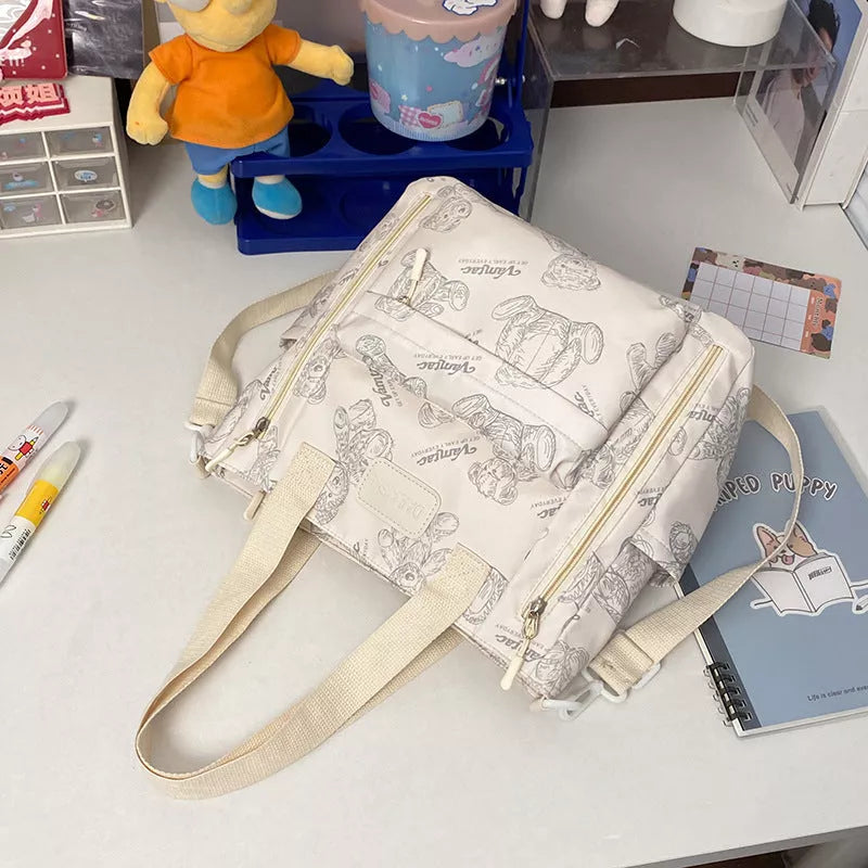 Bear Print Large Capacity Multi-Pocket Tote Bag with Single Shoulder Strap