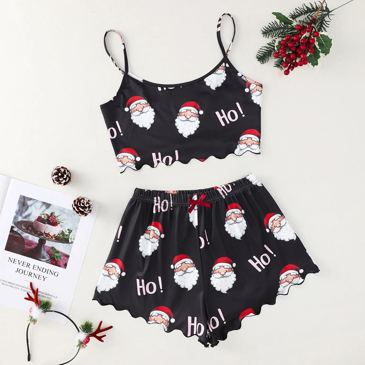 Christmas Women's Milk Silk Pajamas Set with Sleeveless Shorts