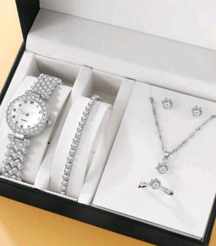 Luxury Rhinestone Quartz Bracelet Watch for Women with Matching Jewelry Set