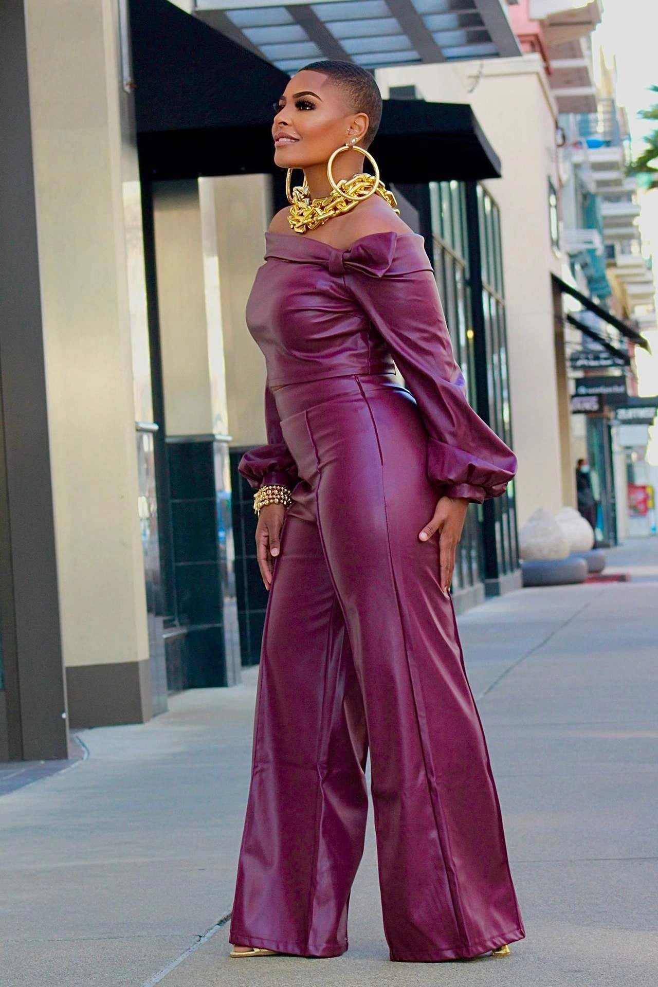 Women's Wine Red Leather Suit with Stitching Detail