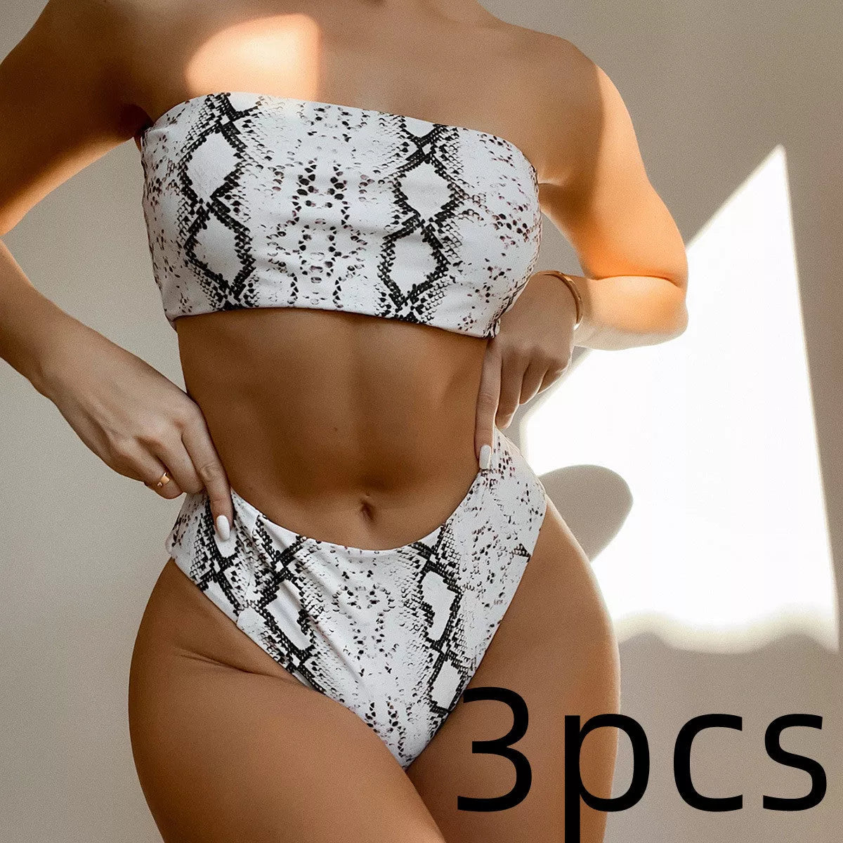Snake print bandeau bikini with high waist design