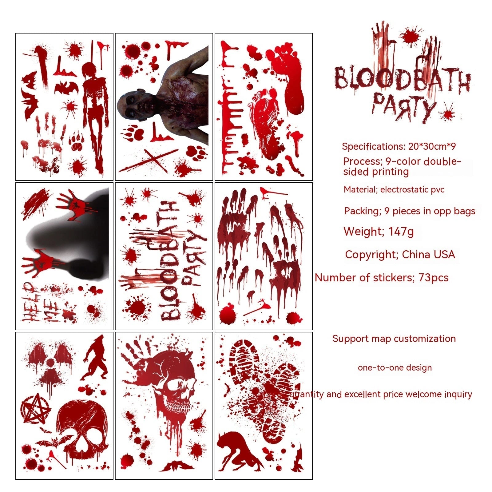 Halloween Window Stickers with Blood Handprint and Footprint Designs