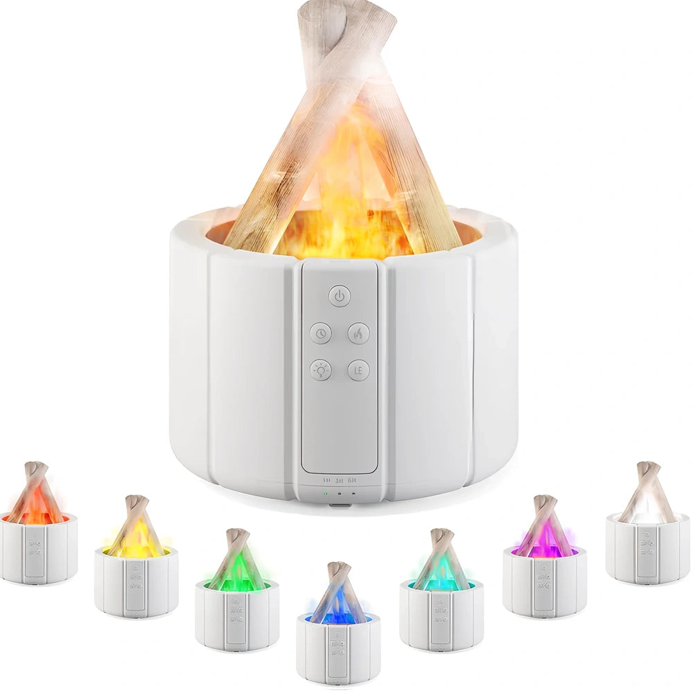 White H9 flame simulation humidifier with 280ml tank on desk, showing ultrasound mist and LED flame effect for aromatherapy