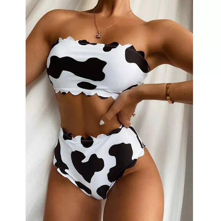 Cow Print Wrapped Breast Bikini in Black and White