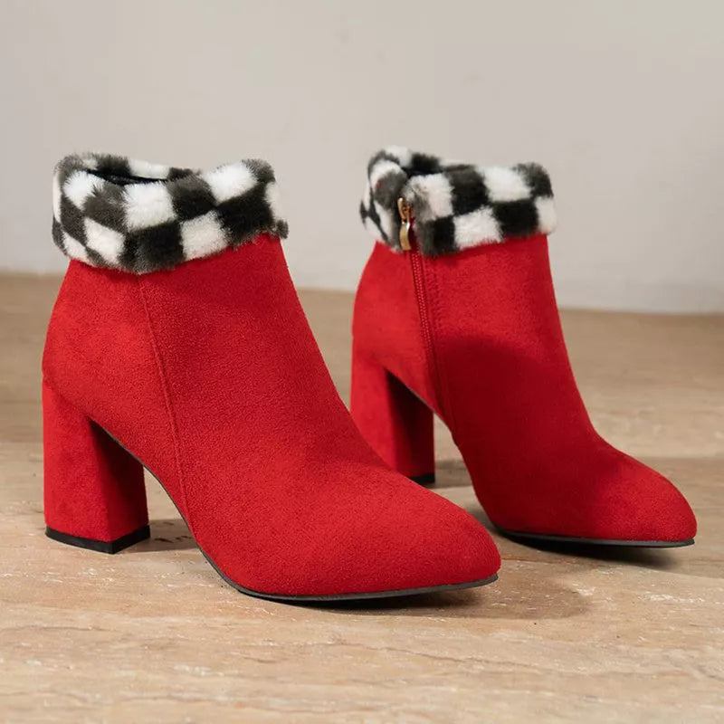 Plaid Print Plush Ankle Boots with Square Heel for Women