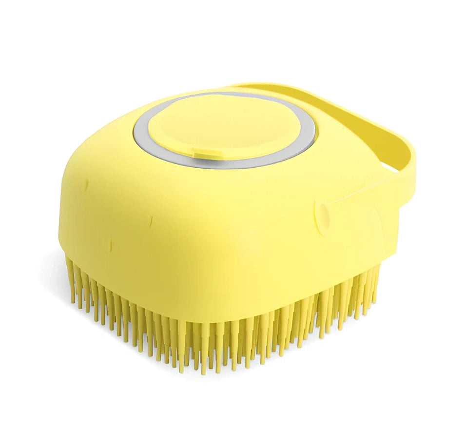 Yellow silicone shower brush, 38cm long with soft bristles for back scrubbing and scalp massage, non-slip handle