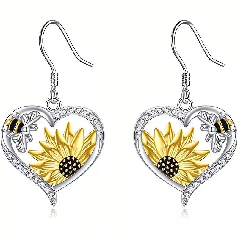 Silver Alloy Bee Sunflower Heart Fashion Earrings
