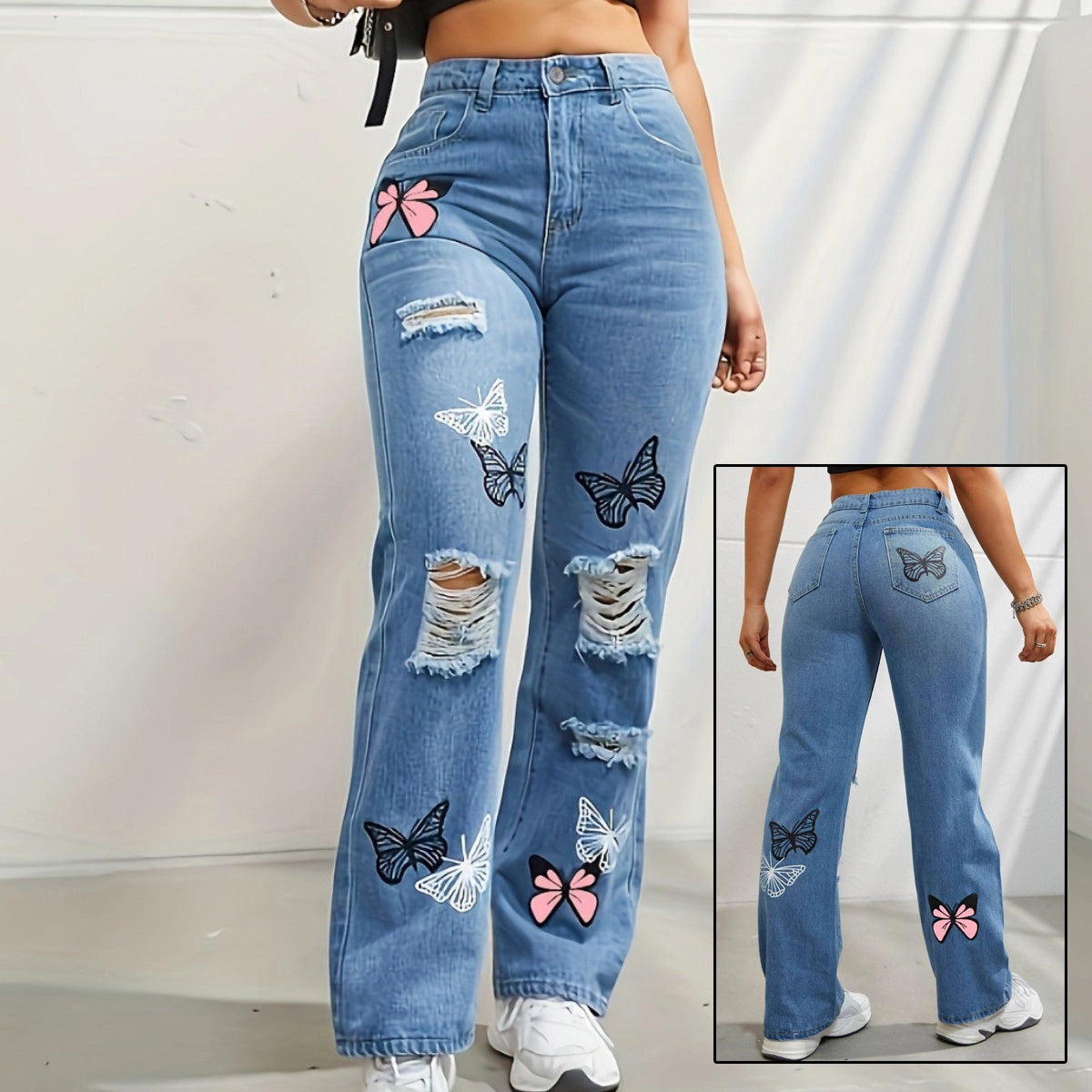 Women's High Waisted Straight Leg Butterfly Print Jeans