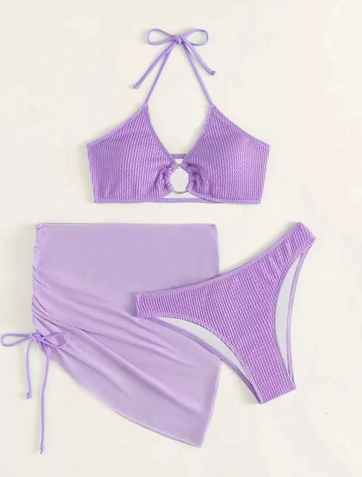 Women's Solid Color Halter Three-piece Swimwear Set