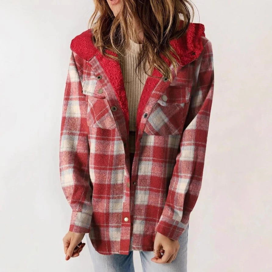 Casual Plaid Hooded Woolen Coat with Thickened Fleece Lining
