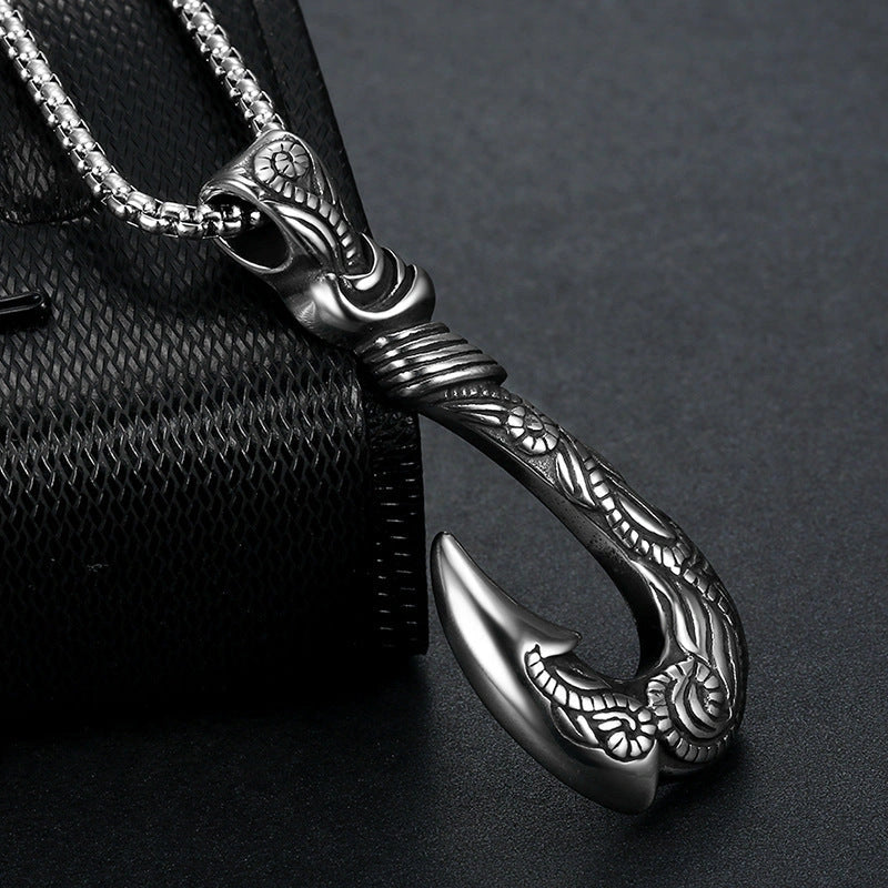 Vintage Titanium Steel Fish Hook Pendant with Snake Chain