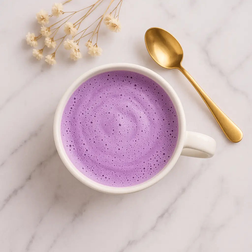 Bol de latte violet crémeux à l'ube sur fond marbré – boisson tendance sans caféine