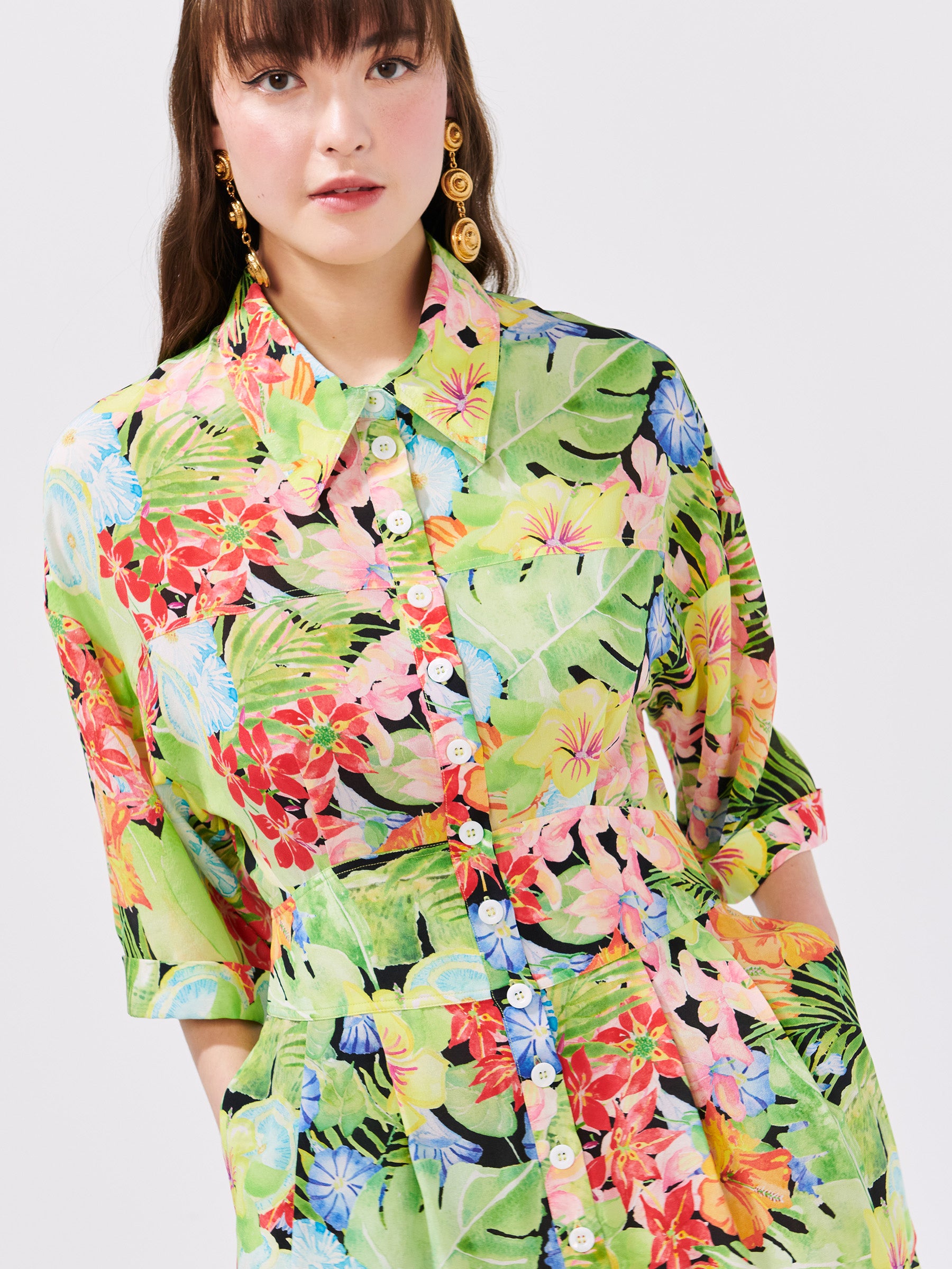 Abundant Blooms Wide Sleeve Silk Mini Shirt Dress Black – Hayley Menzies