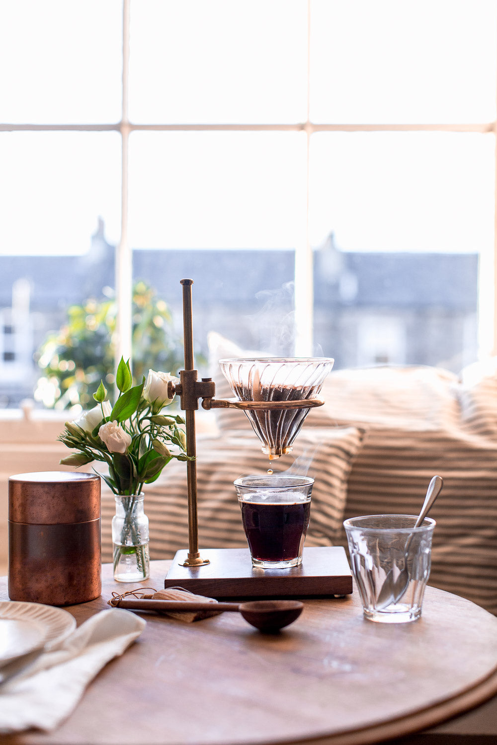 handmade drip coffee maker in brass and wood 