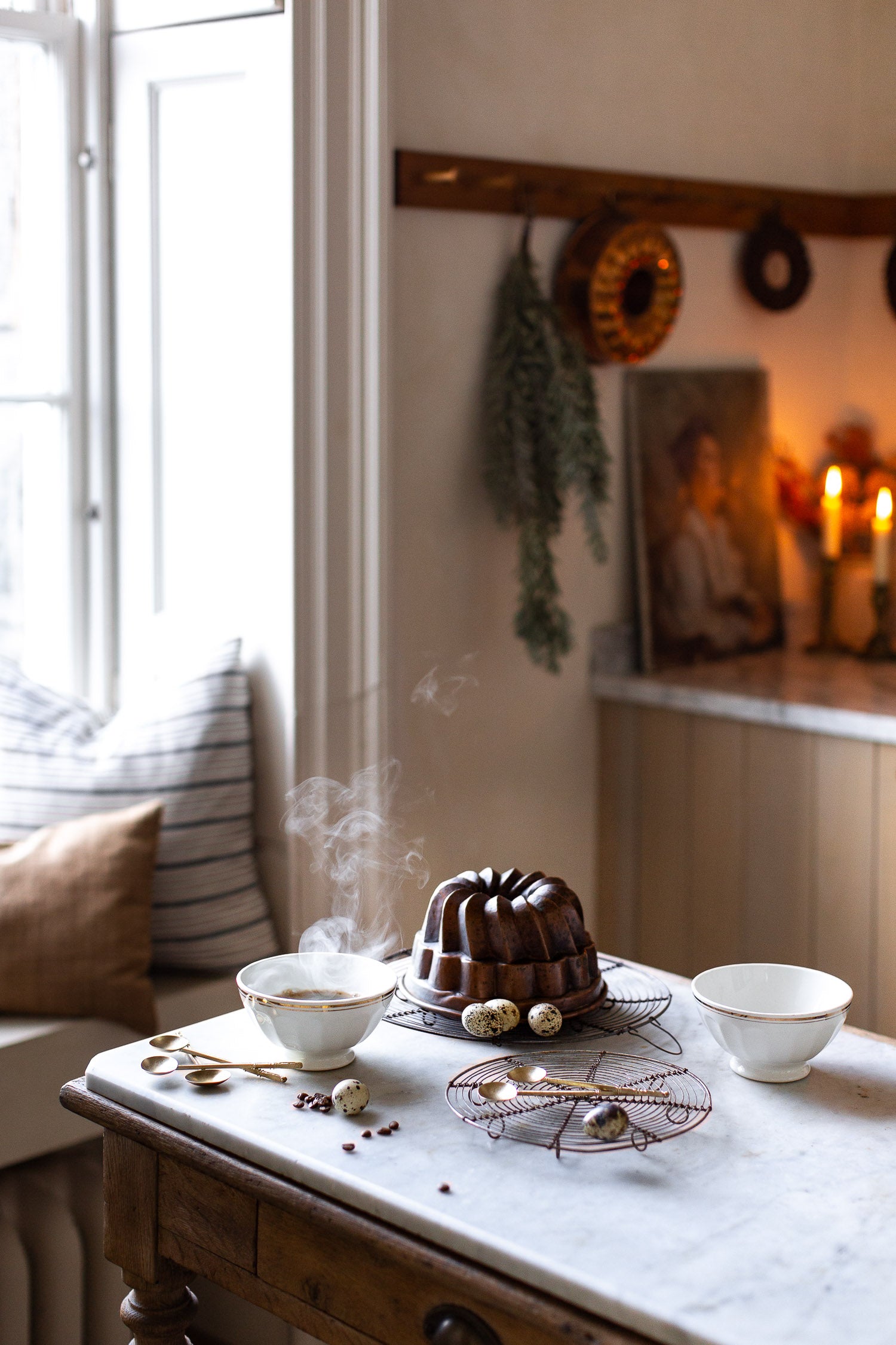 vintage cafe au lait bowls and copper cake mould