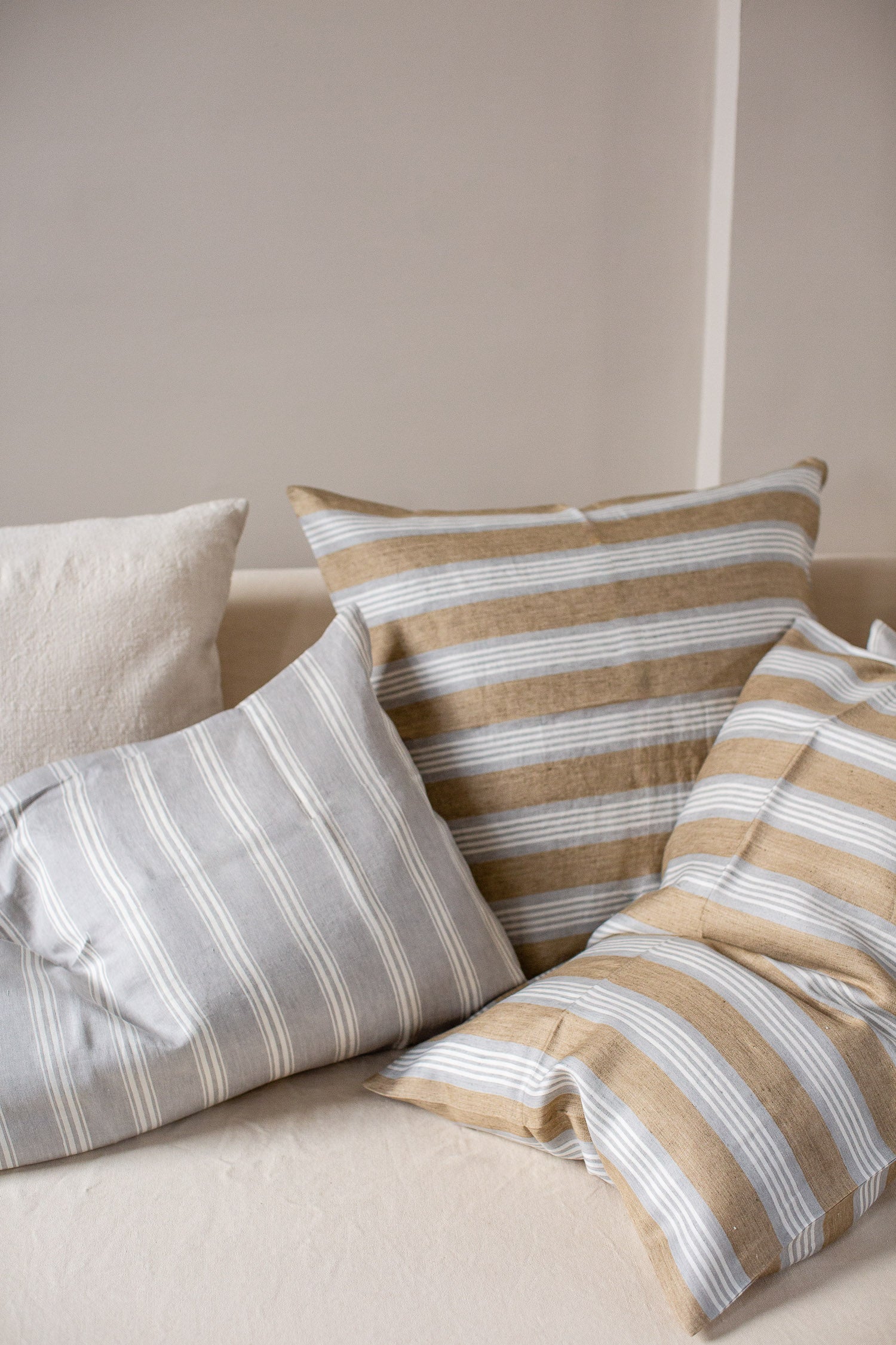 grey and tan stripe Belgian linen cushions 