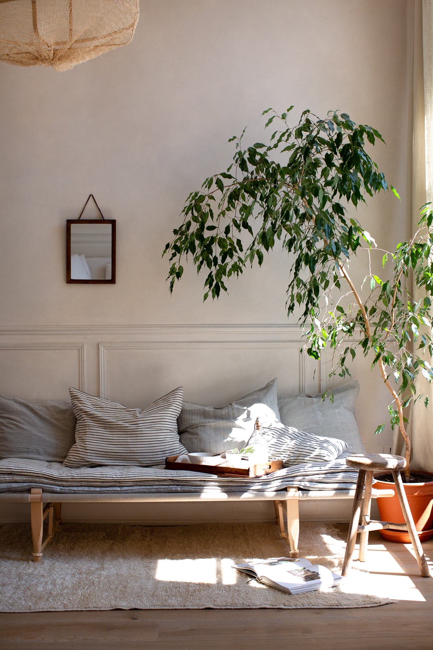 natural linen daybed with mattress stack