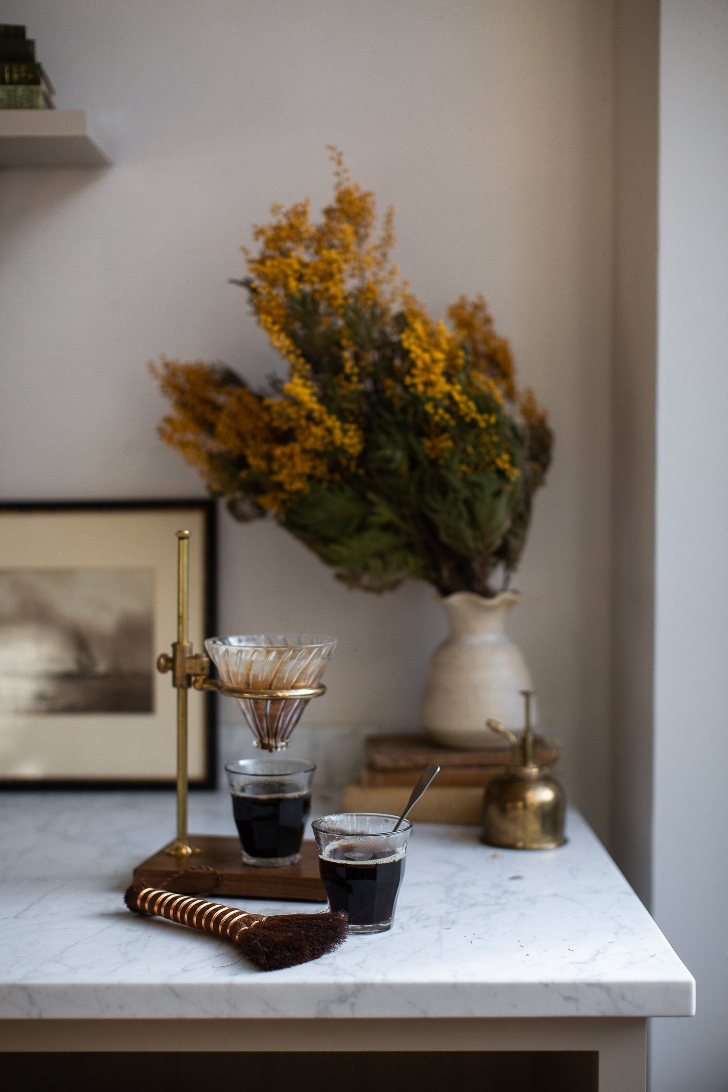 beautiful handmade brass and wood coffee pour over stand
