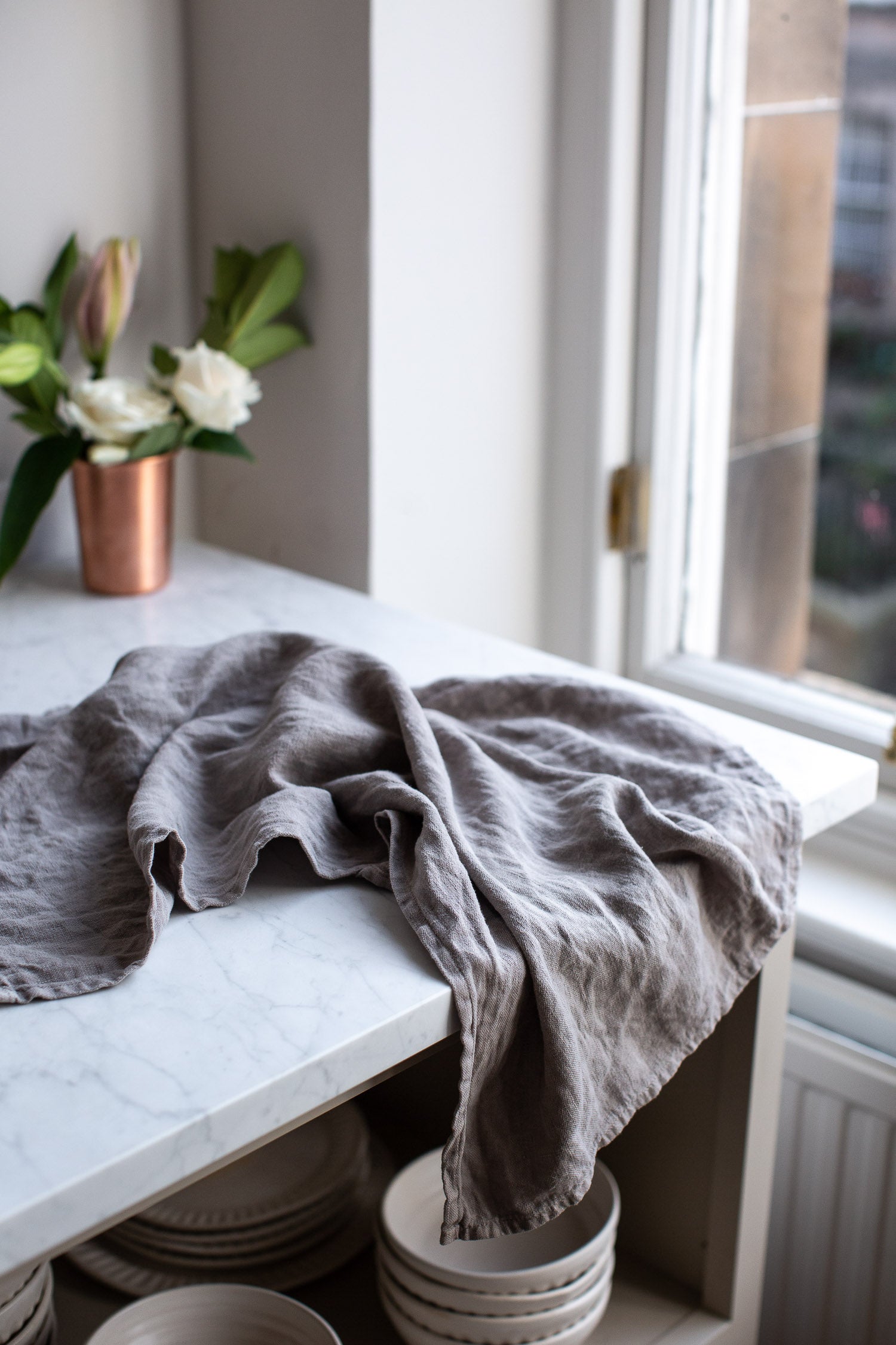 handmade grey linen kitchen towel 