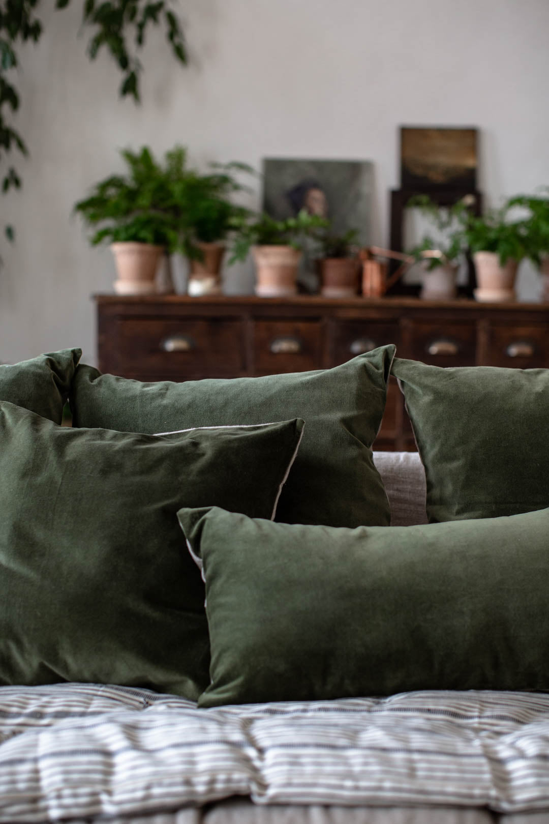 Kirsten Hecktermann luxury dark green hand dyed velvet cushion covers 