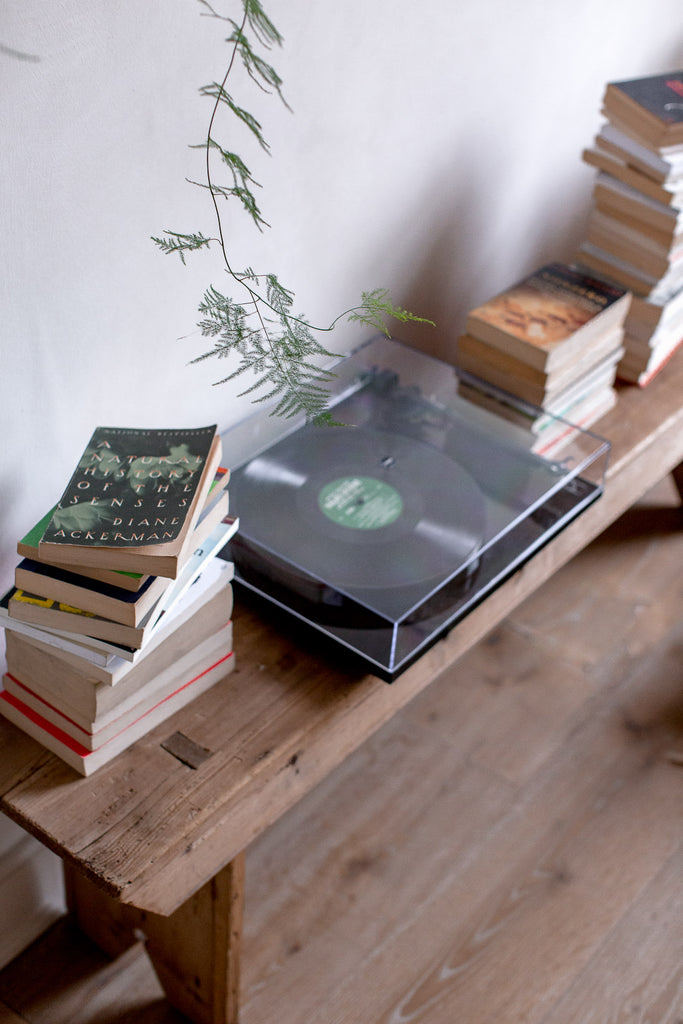 record player and books for slow living 