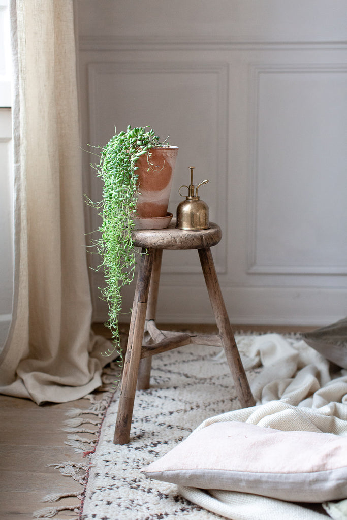 soft natural home decor with linen and plants 