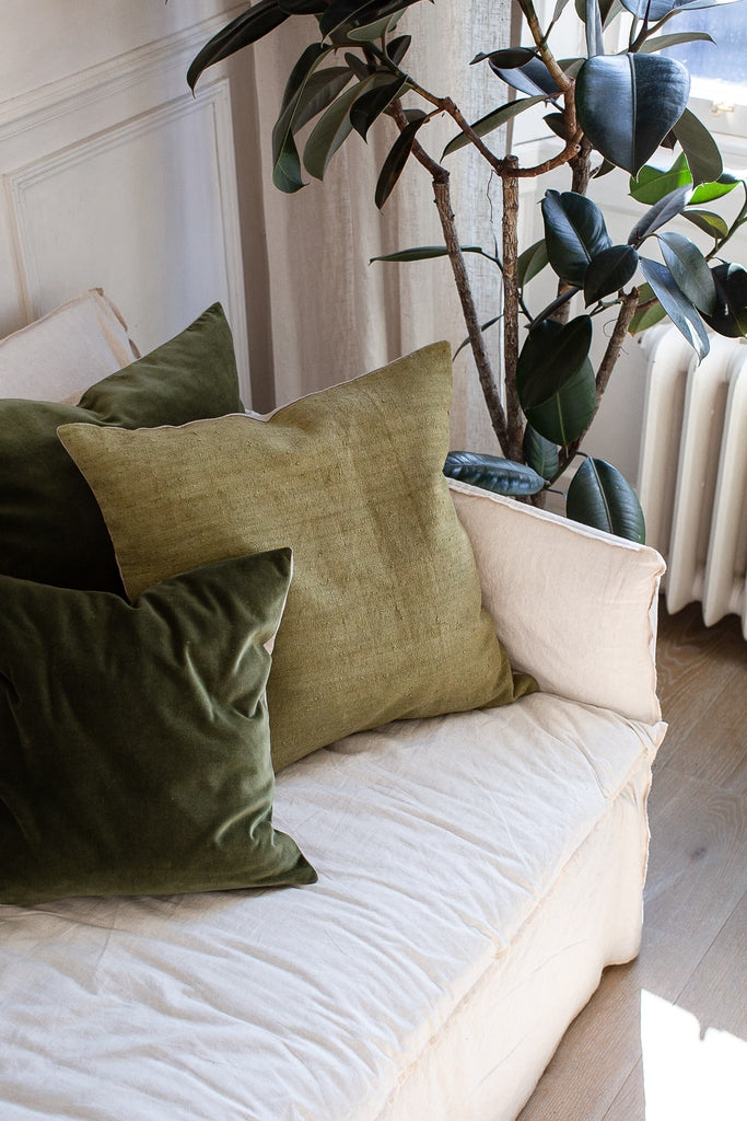 green vintage linen and hand dyed green velvet cushion covers